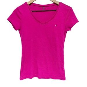 Tommy Hilfiger Womens Vintage Babydoll Tee Size S Pink Short Sleeve V-neck Y2K